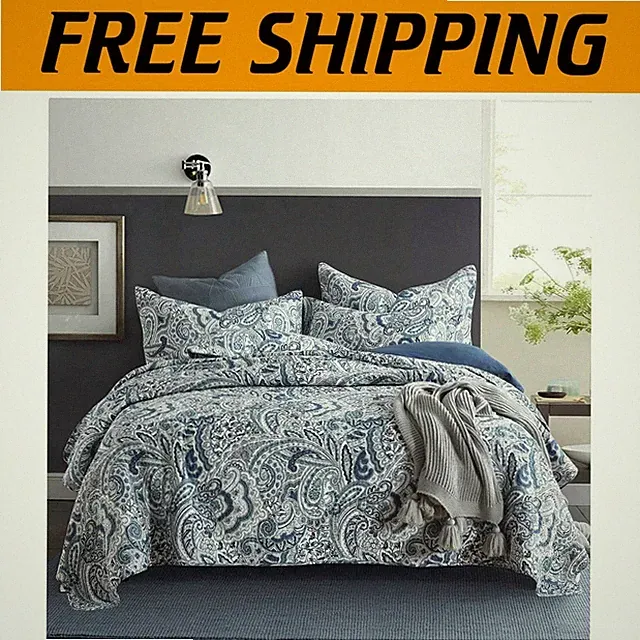 Cotton Reversible Bedspread Set, Queen Size, Blue Paisley