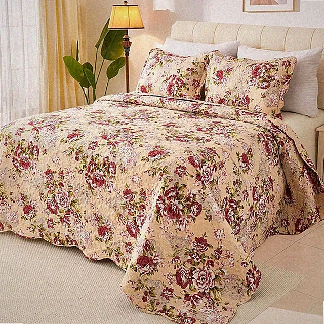Romantic Patchwork Quilt Set King Size Reversible Bedspread Coverlet All Season